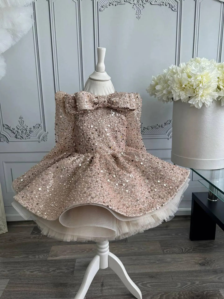 TinyTulle Lilac Sequin Tulle Ball Gown Flower Girl Dress with Statement Bow