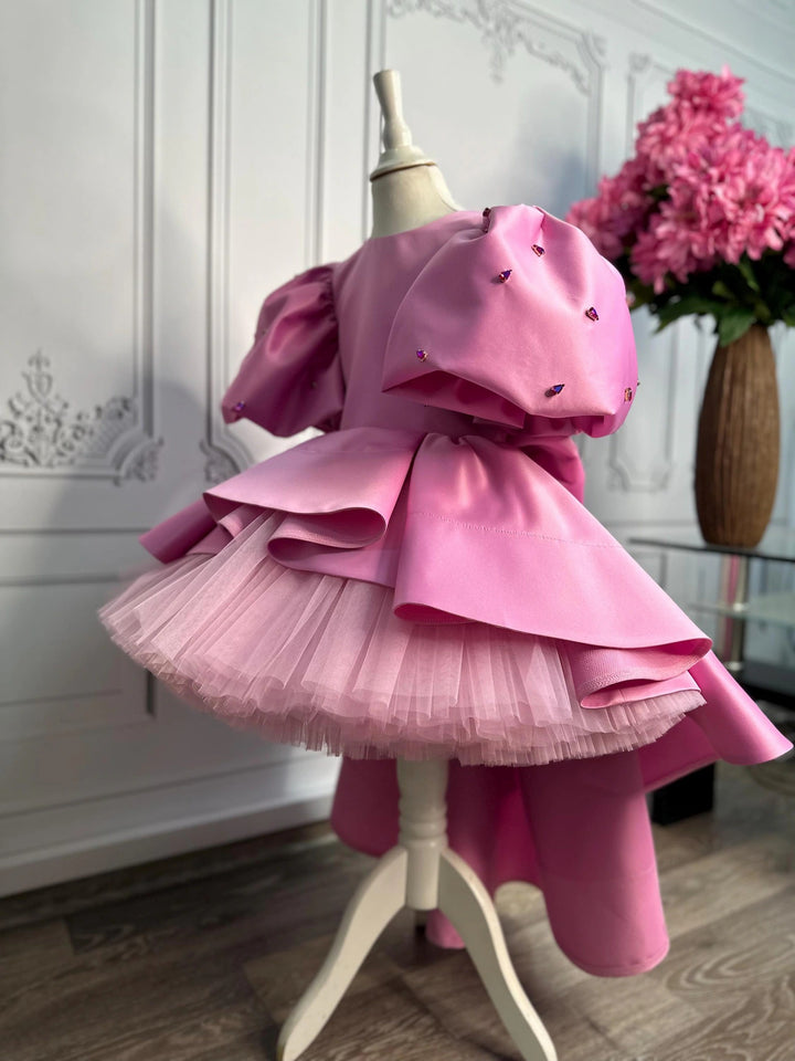 TinyTulle Pink Puff Sleeve Tulle Asymmetrical Flower Girl Dress with Oversized Bow