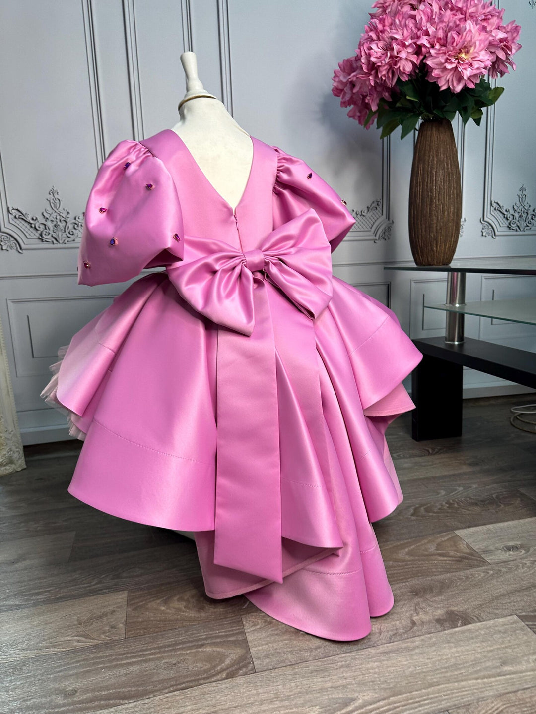 TinyTulle Pink Puff Sleeve Tulle Asymmetrical Flower Girl Dress with Oversized Bow