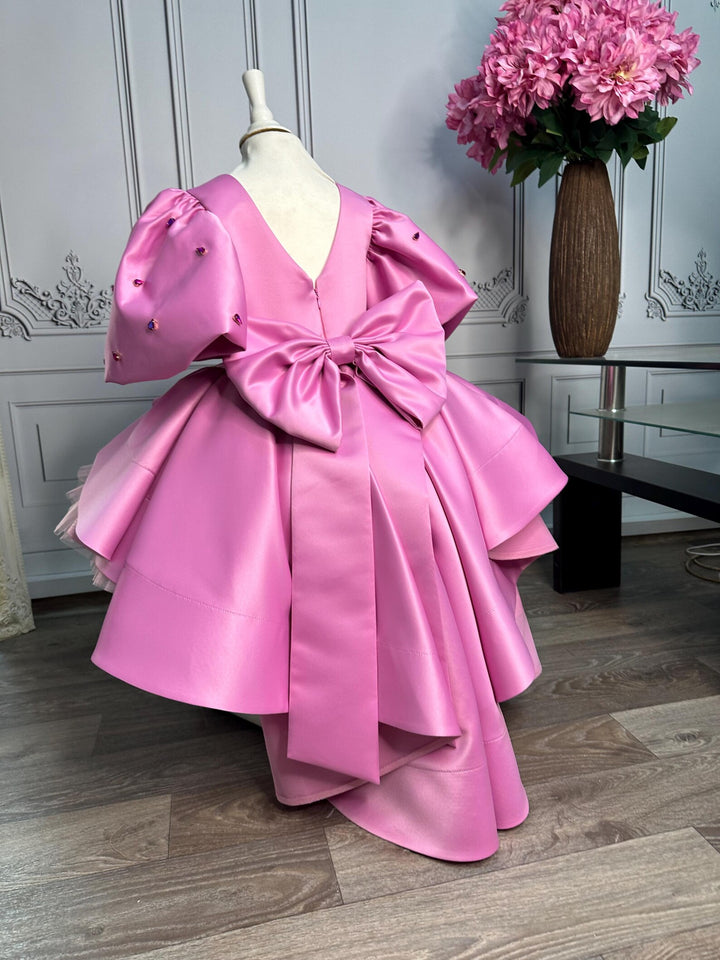 TinyTulle Pink Puff Sleeve Tulle Asymmetrical Flower Girl Dress with Oversized Bow