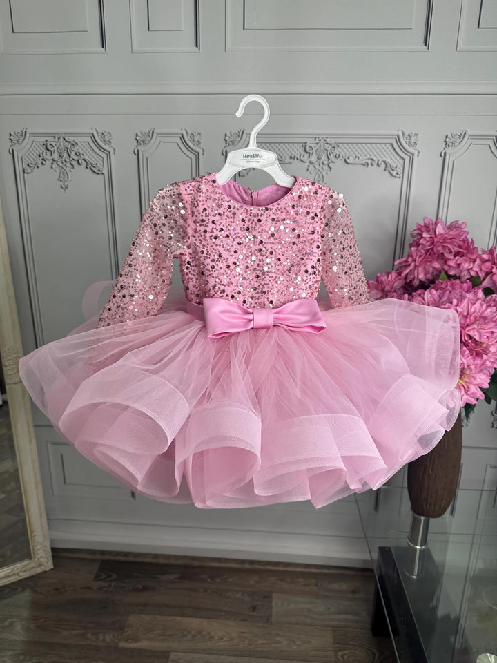 TinyTulle Pink Long Sleeve Sequin Tulle Ball Gown Flower Girl Dress with Bow