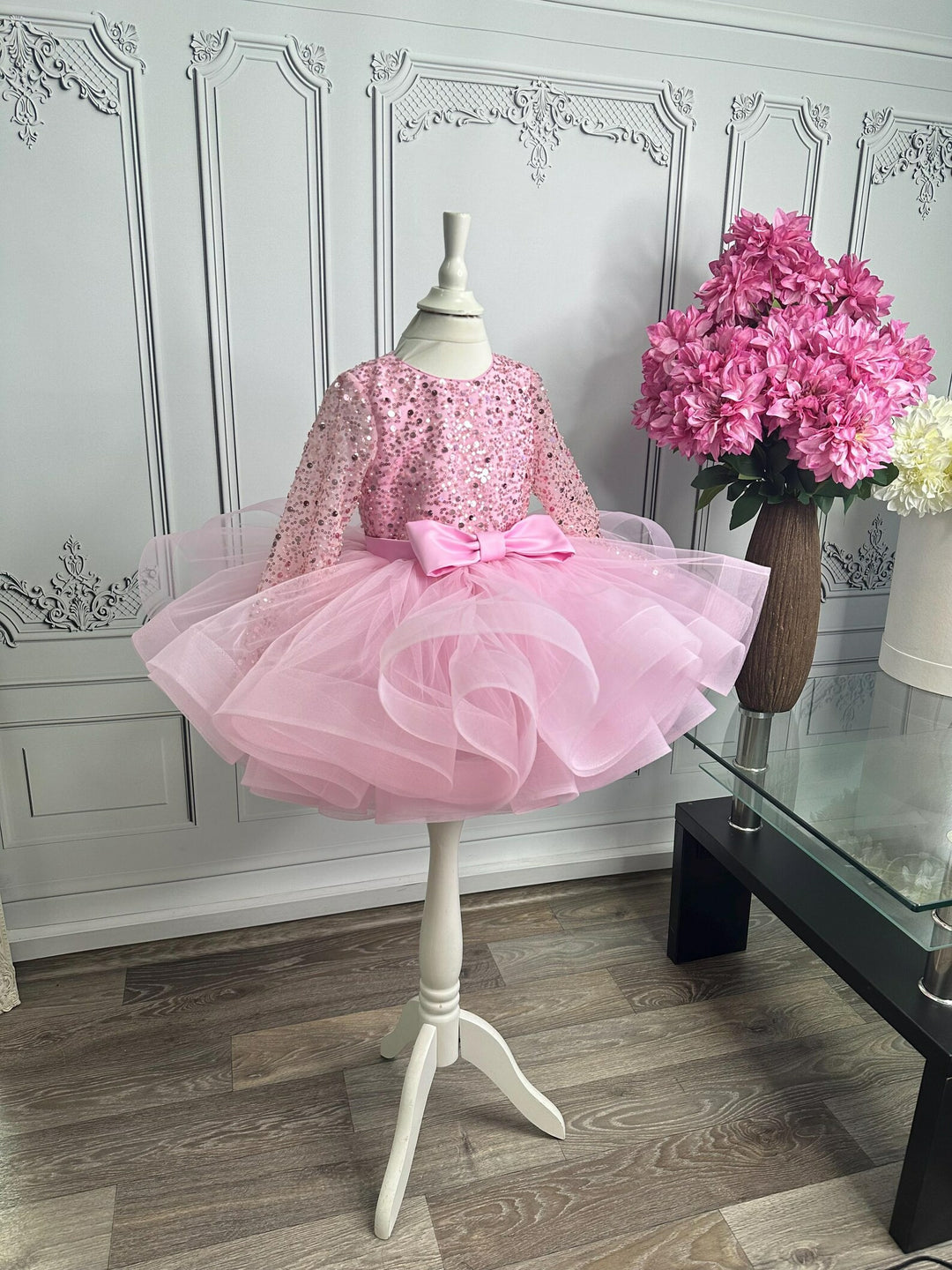 TinyTulle Pink Long Sleeve Sequin Tulle Ball Gown Flower Girl Dress with Bow
