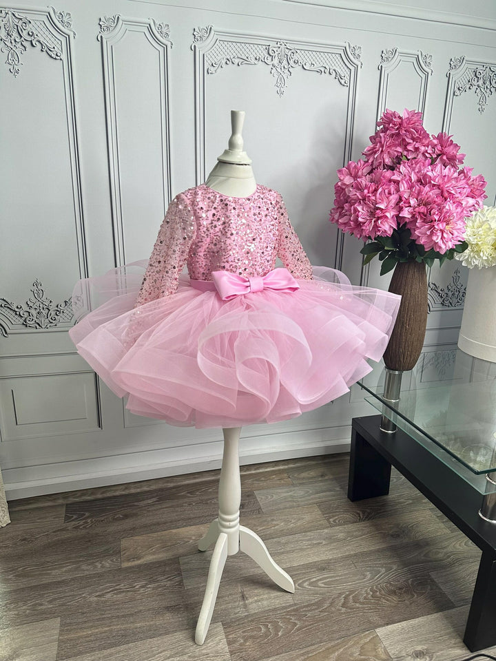 TinyTulle Pink Long Sleeve Sequin Tulle Ball Gown Flower Girl Dress with Bow