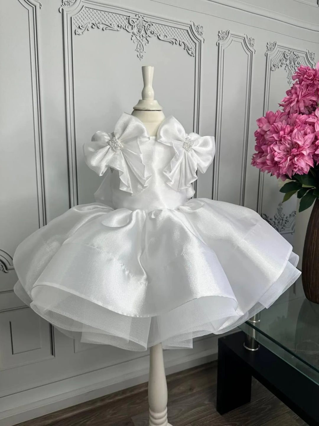 TinyTulle White Satin Tulle Tutu First Birthday Dress with Bow for Toddler Girls