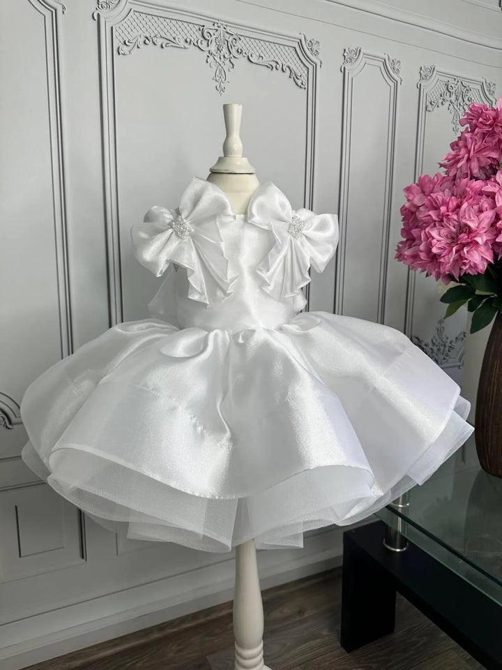 TinyTulle White Satin Tulle Tutu First Birthday Dress with Bow for Toddler Girls