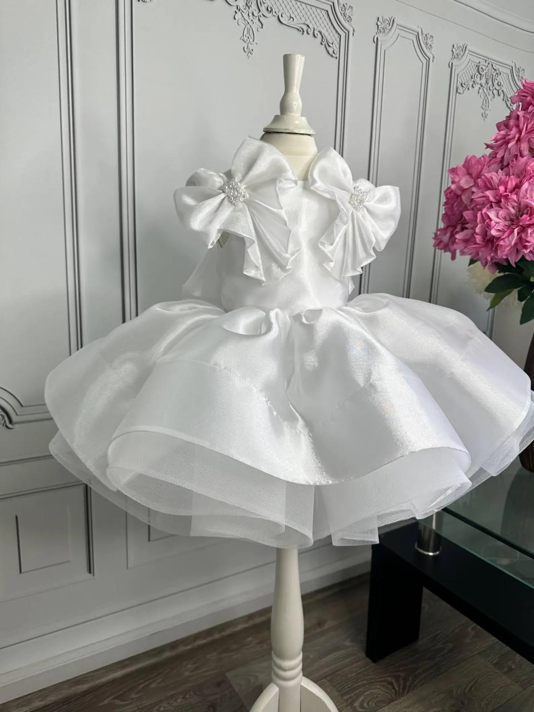 TinyTulle White Satin Tulle Tutu First Birthday Dress with Bow for Toddler Girls