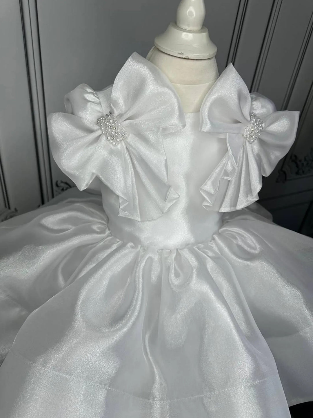 TinyTulle White Satin Tulle Tutu First Birthday Dress with Bow for Toddler Girls