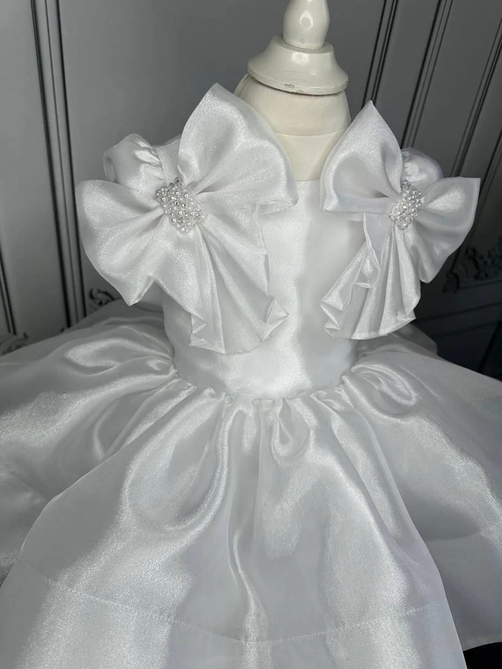TinyTulle White Satin Tulle Tutu First Birthday Dress with Bow for Toddler Girls