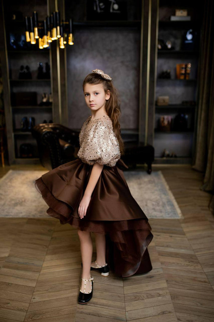 TinyTulle Beige Brown Puff Sleeve Sequin Princess Flower Girl Dress with Asymmetrical Train