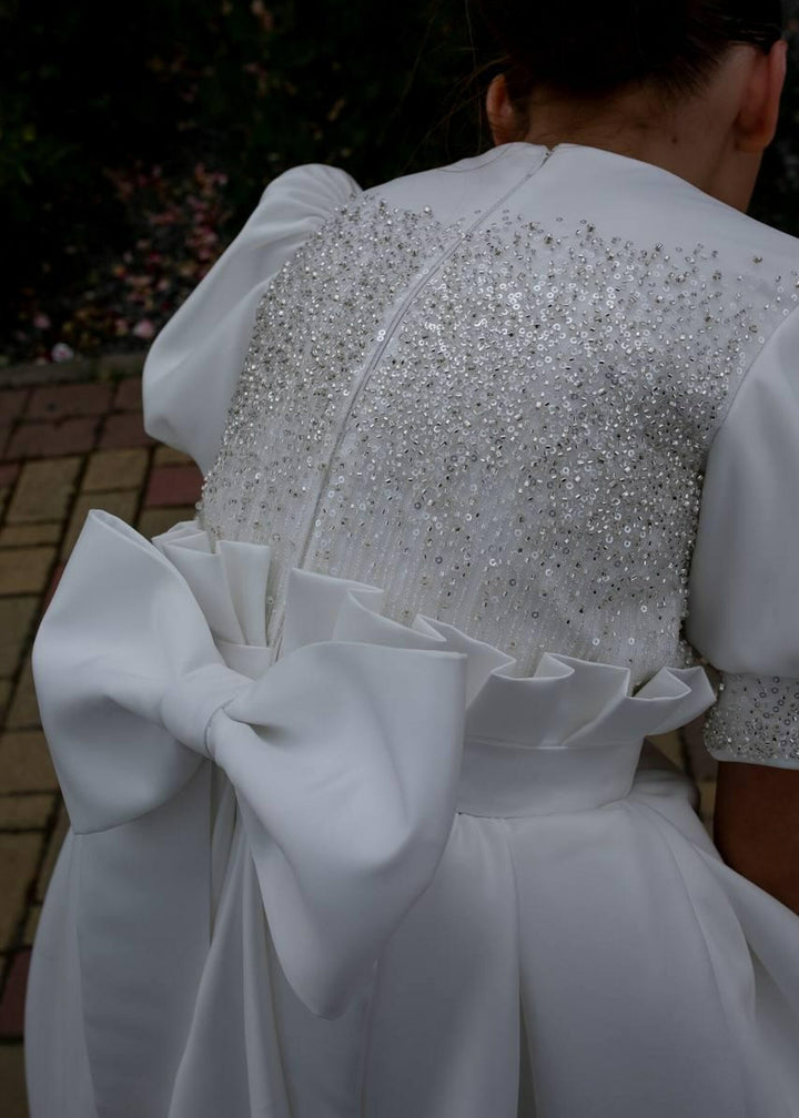TinyTulle Elegant White Satin Flower Girl Dress with Beaded Bodice and Bow