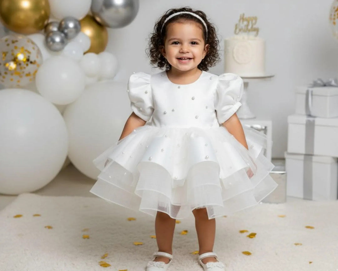 TinyTulle Champagne Satin Baby Girl Dress with Beaded Details for Weddings and Birthday Parties