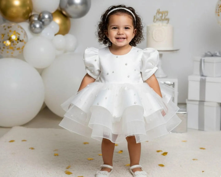 TinyTulle Champagne Satin Baby Girl Dress with Beaded Details for Weddings and Birthday Parties