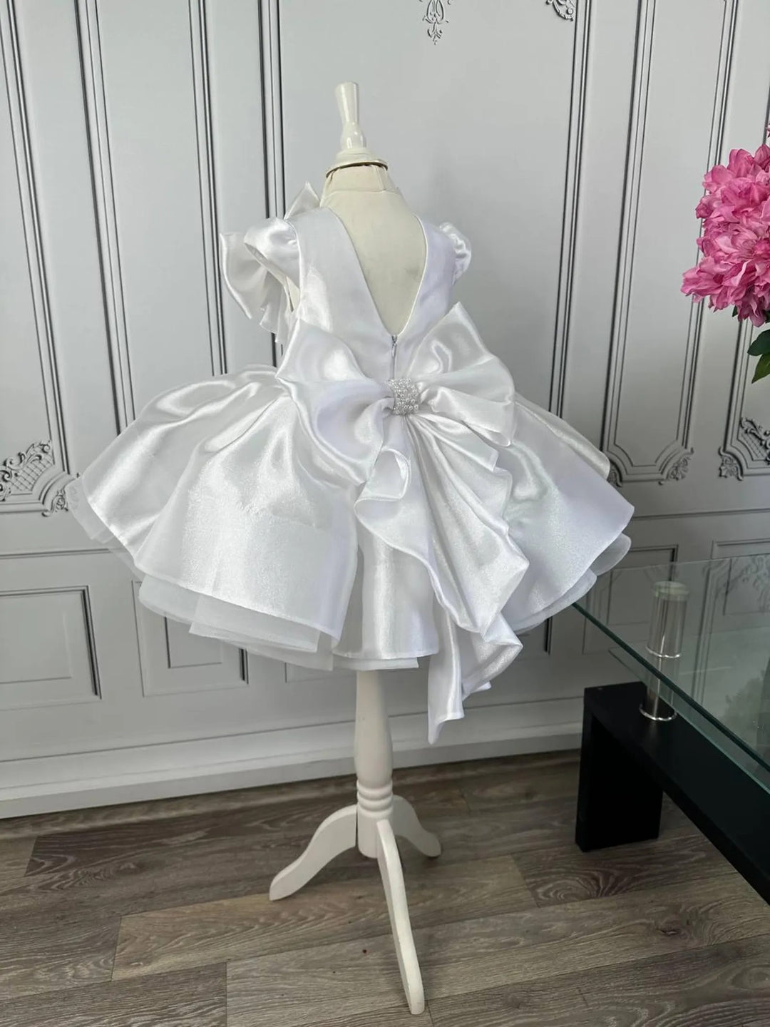 TinyTulle White Satin Tulle Tutu First Birthday Dress with Bow for Toddler Girls
