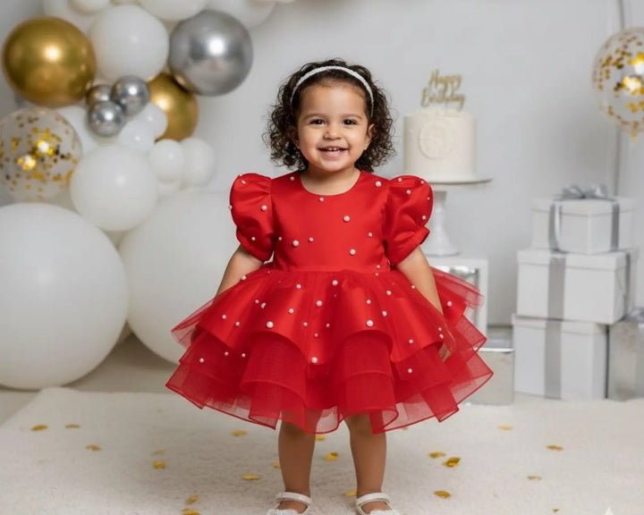 TinyTulle Champagne Satin Baby Girl Dress with Beaded Details for Weddings and Birthday Parties