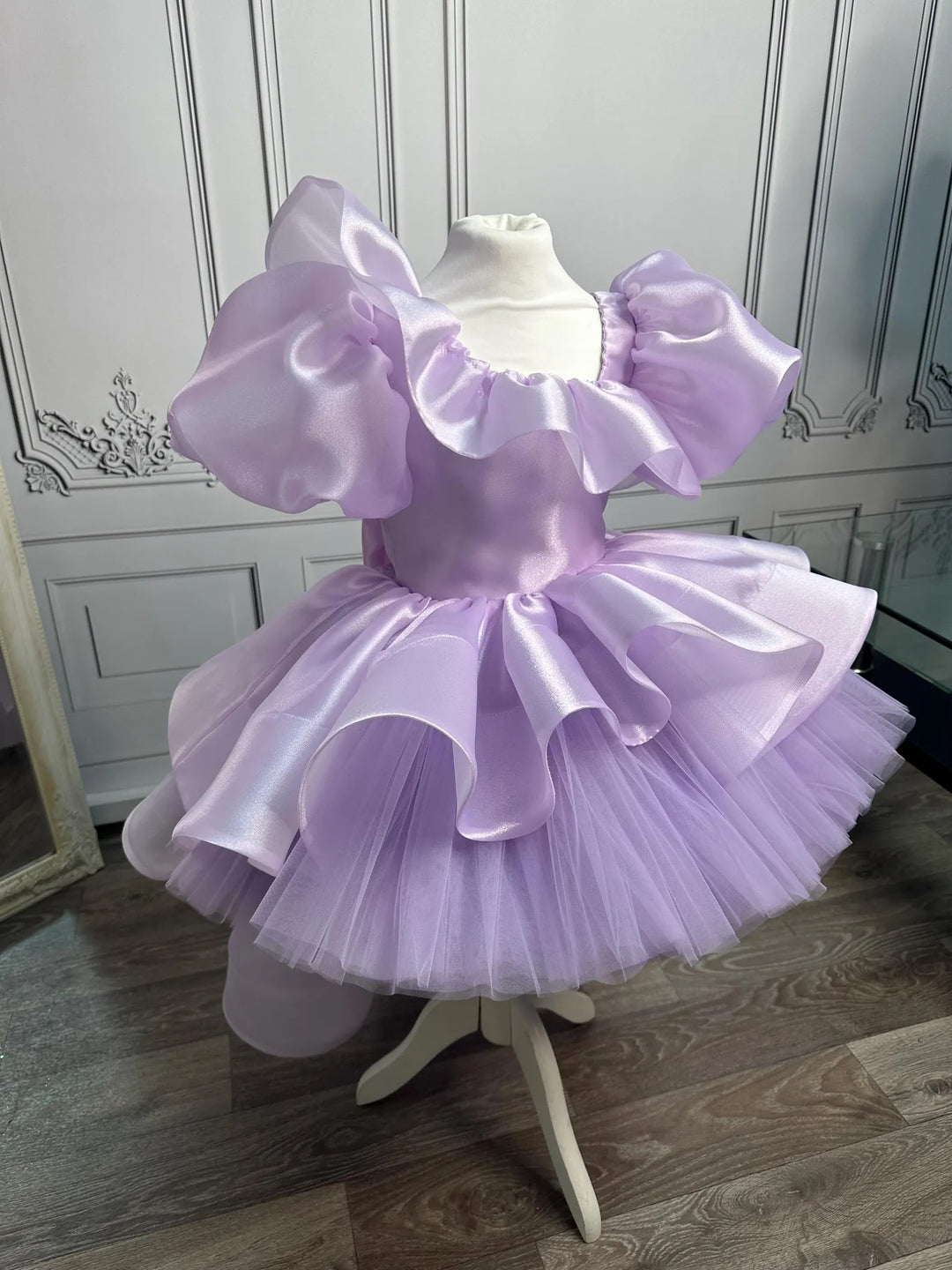 TinyTulle Lilac Puff Sleeve Tulle Flower Girl Dress with Bow &amp; Asymmetrical Hem