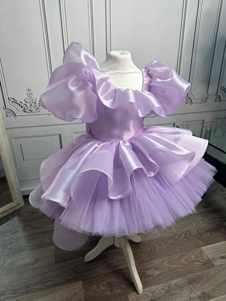 TinyTulle Lilac Puff Sleeve Tulle Flower Girl Dress with Bow &amp; Asymmetrical Hem