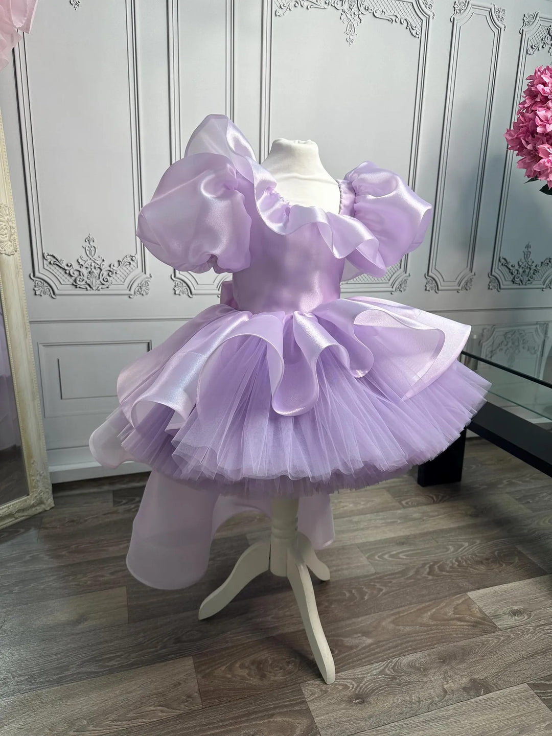 TinyTulle Lilac Puff Sleeve Tulle Flower Girl Dress with Bow &amp; Asymmetrical Hem