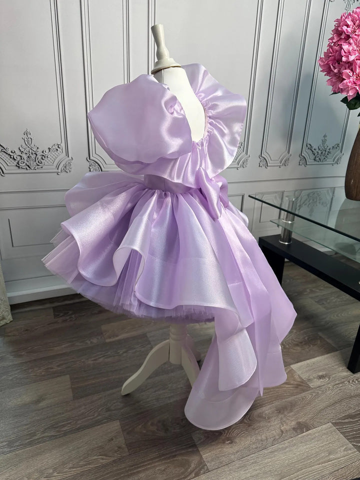 TinyTulle Lilac Puff Sleeve Tulle Flower Girl Dress with Bow &amp; Asymmetrical Hem