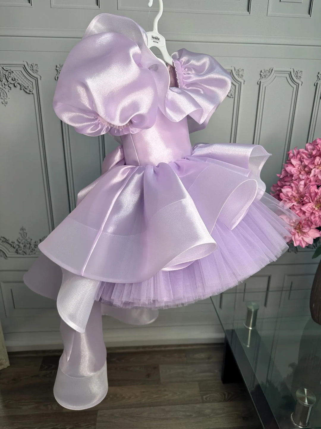 TinyTulle Lilac Puff Sleeve Tulle Flower Girl Dress with Bow &amp; Asymmetrical Hem
