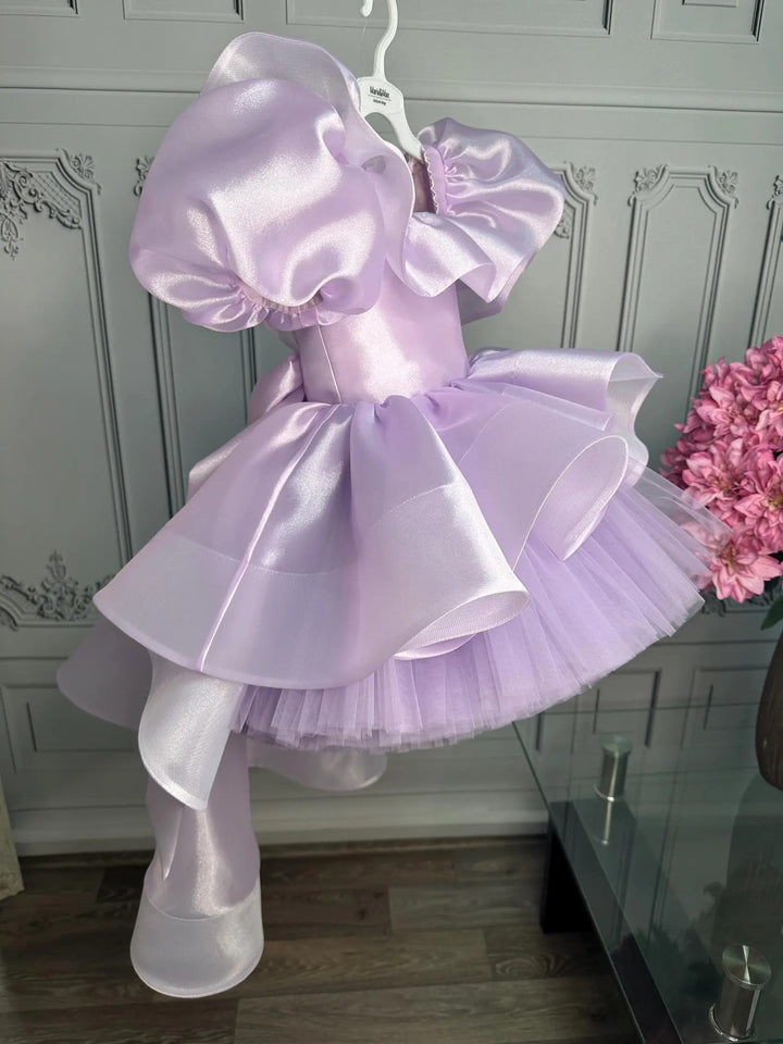 TinyTulle Lilac Puff Sleeve Tulle Flower Girl Dress with Bow &amp; Asymmetrical Hem