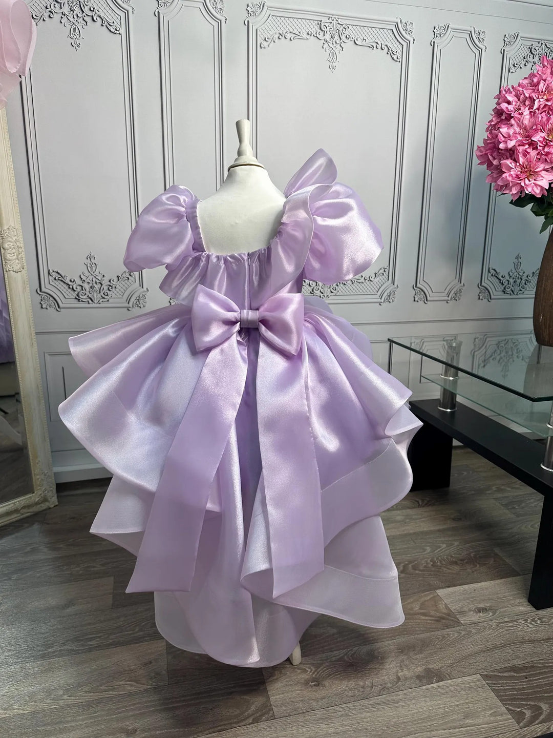 TinyTulle Lilac Puff Sleeve Tulle Flower Girl Dress with Bow &amp; Asymmetrical Hem