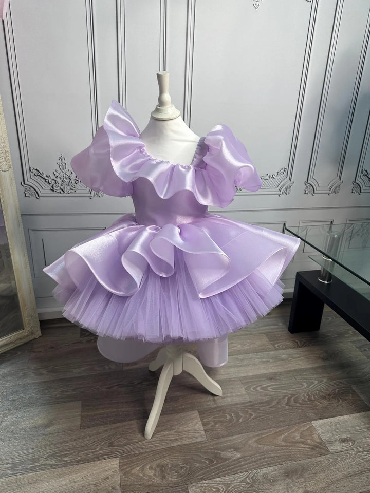 TinyTulle Lilac Puff Sleeve Tulle Flower Girl Dress with Bow &amp; Asymmetrical Hem