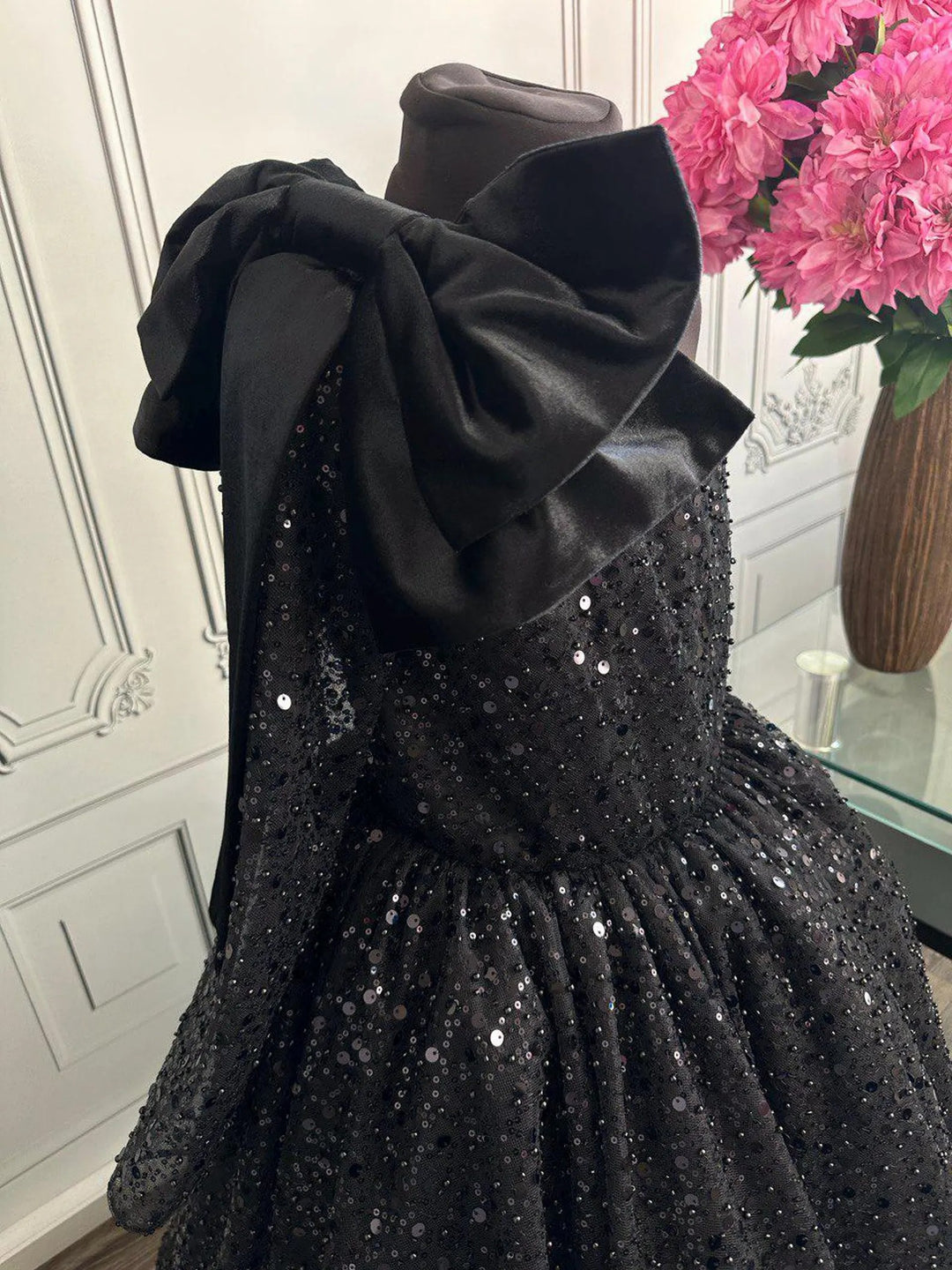 TinyTulle Dusty Rose Sequin Tulle Flower Girl Dress with Bow for Wedding &amp; Pageant