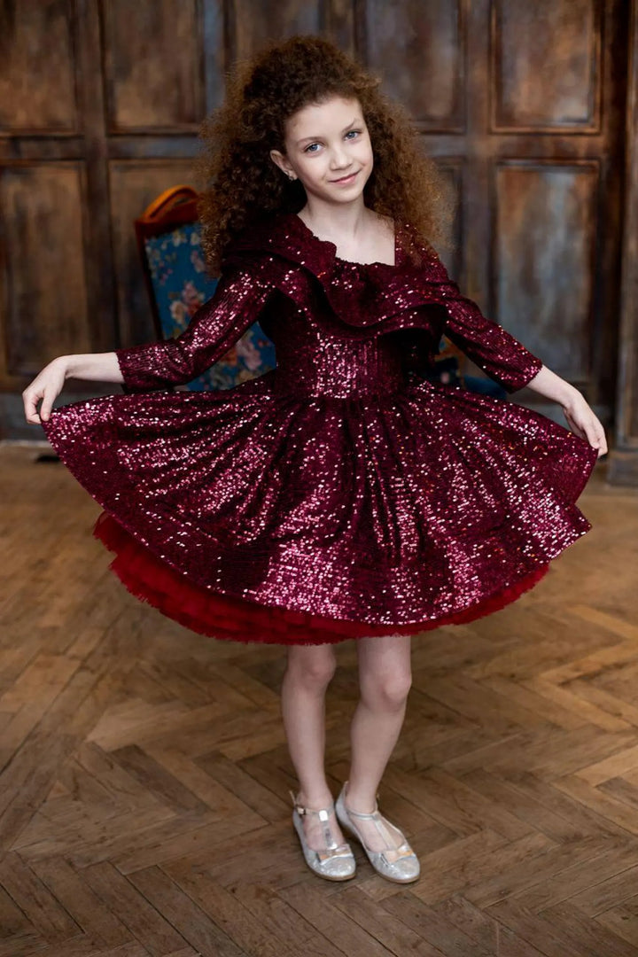 TinyTulle Red Asymmetrical Neckline Sequin Tulle Flower Girl Dress with Bow