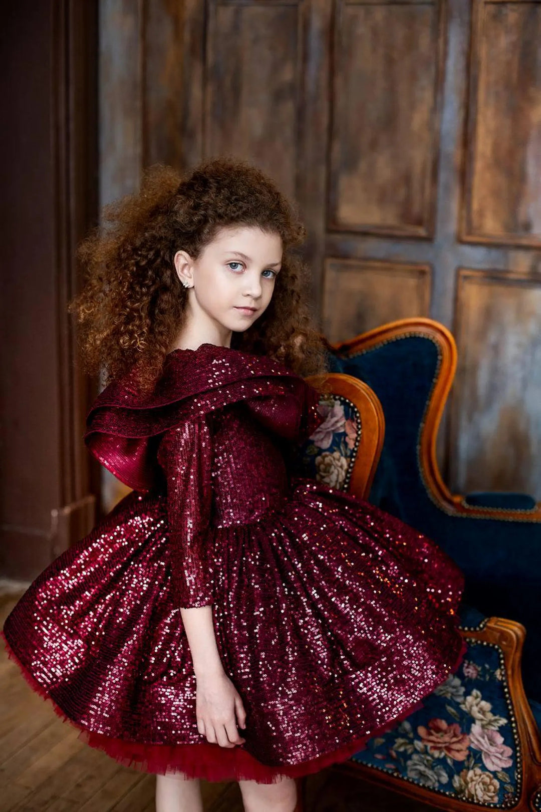 TinyTulle Red Asymmetrical Neckline Sequin Tulle Flower Girl Dress with Bow