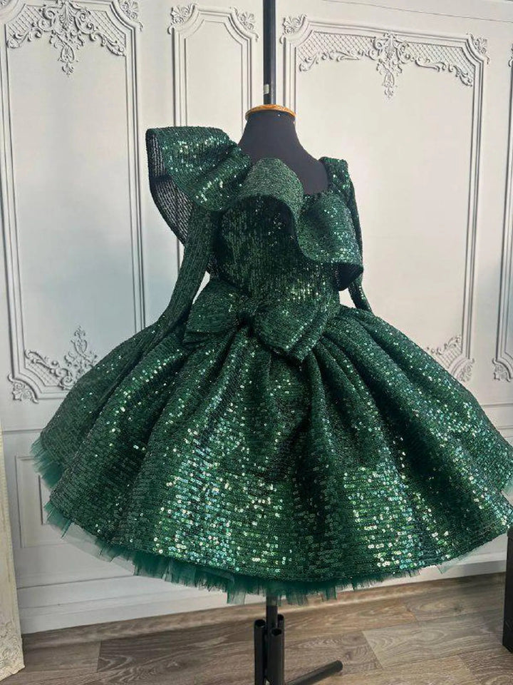 TinyTulle Red Asymmetrical Neckline Sequin Tulle Flower Girl Dress with Bow