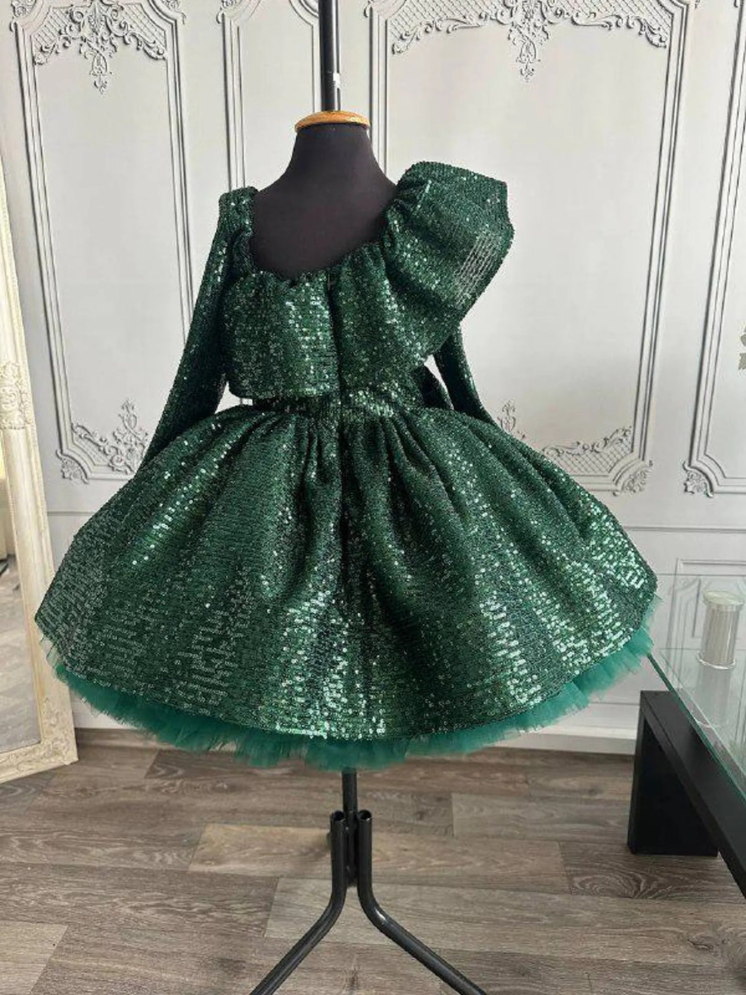TinyTulle Red Asymmetrical Neckline Sequin Tulle Flower Girl Dress with Bow