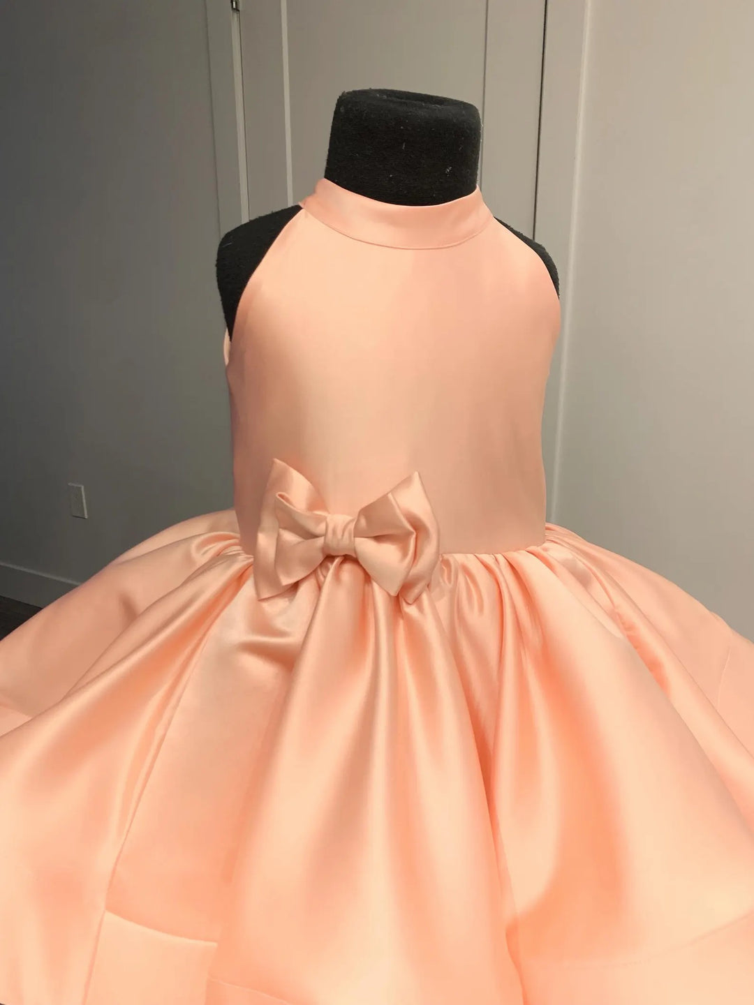 TinyTulle Peach Satin Flower Girl Dress High Neck Bow Knee Length Birthday Dress