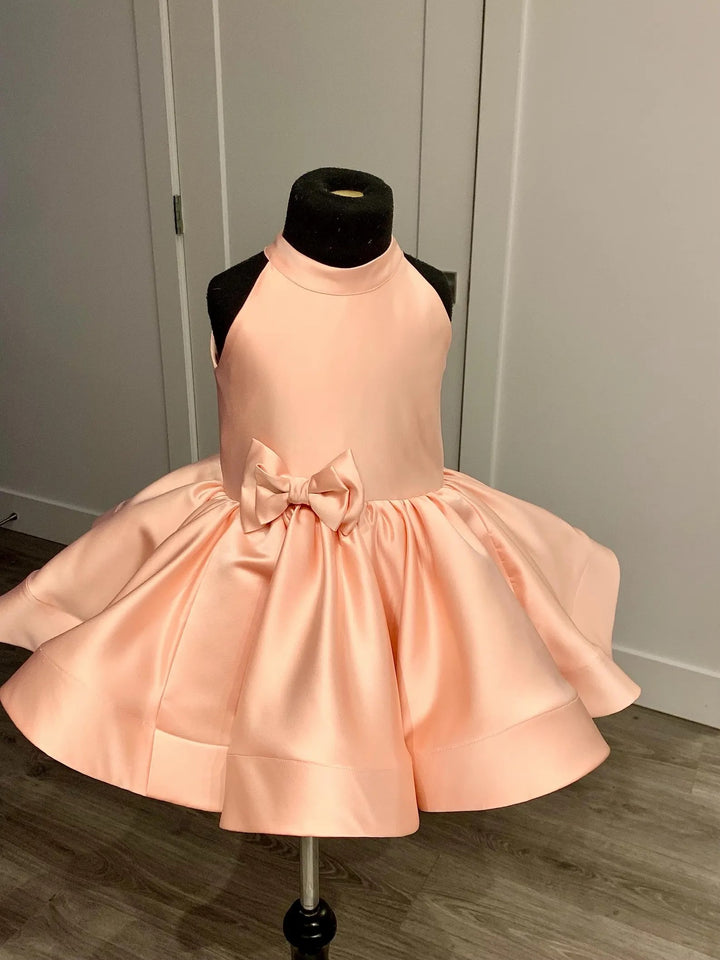TinyTulle Peach Satin Flower Girl Dress High Neck Bow Knee Length Birthday Dress