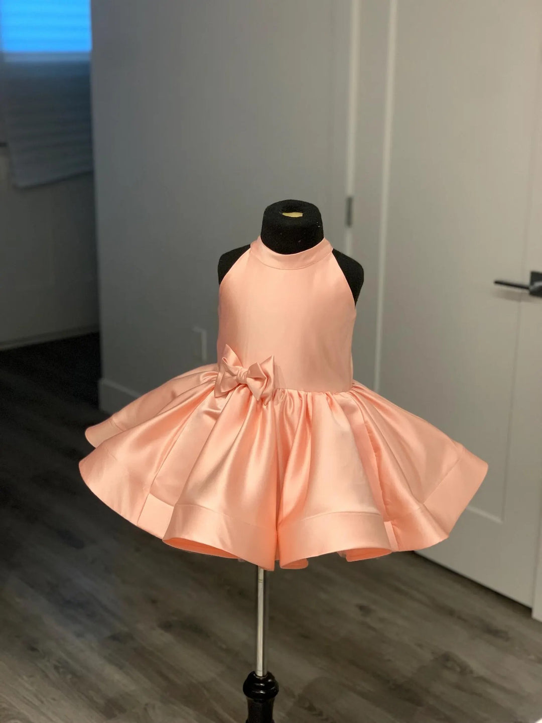 TinyTulle Peach Satin Flower Girl Dress High Neck Bow Knee Length Birthday Dress