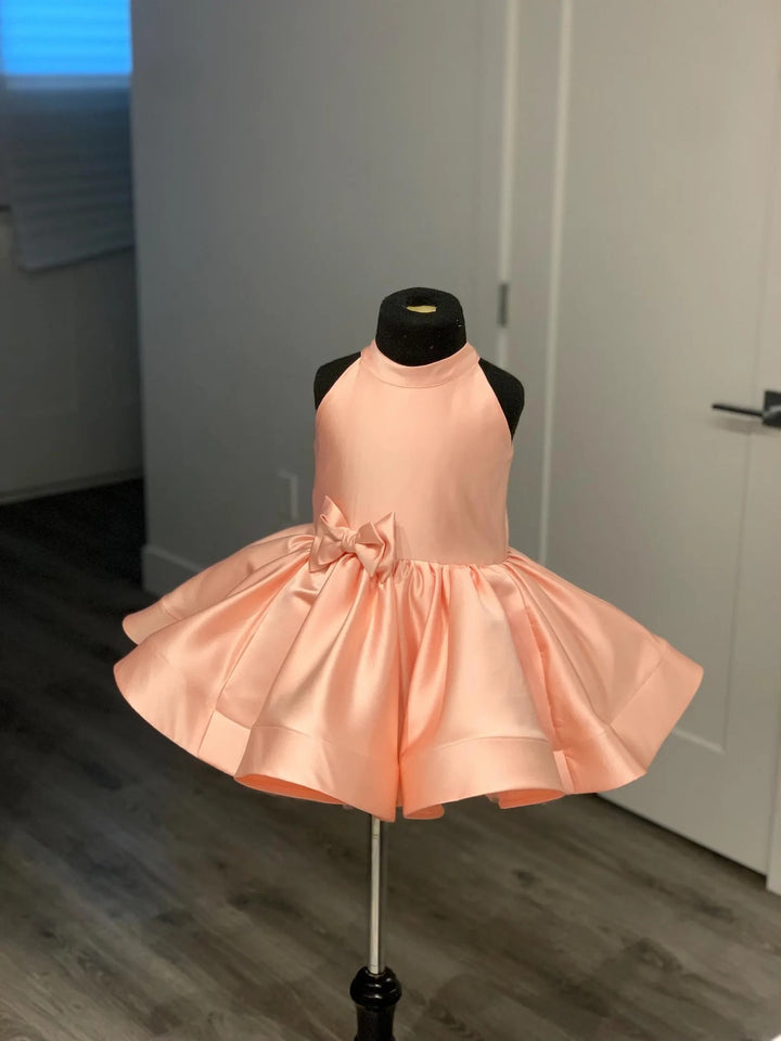 TinyTulle Peach Satin Flower Girl Dress High Neck Bow Knee Length Birthday Dress