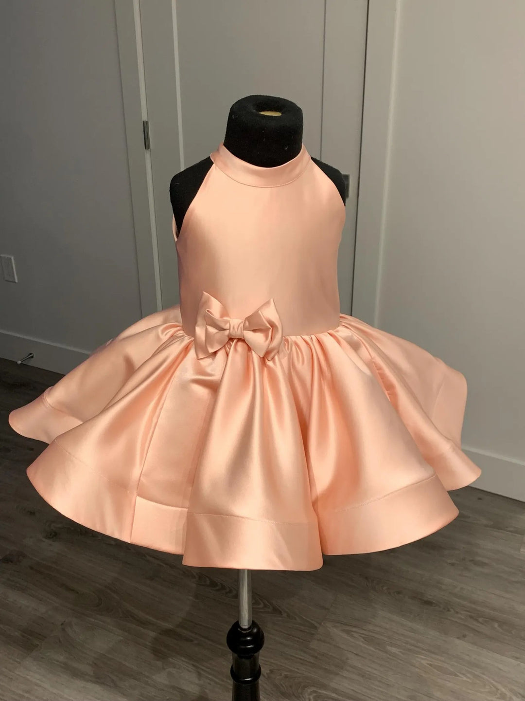 TinyTulle Peach Satin Flower Girl Dress High Neck Bow Knee Length Birthday Dress
