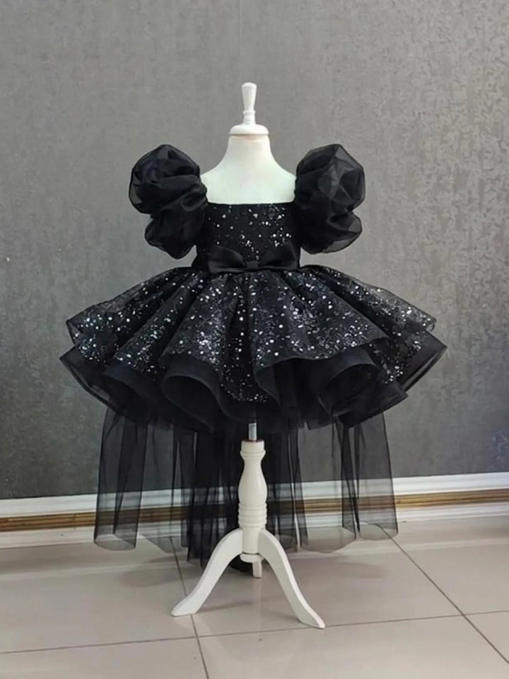 TinyTulle Pink Puff Sleeve Tulle Flower Girl Dress with Detachable Train and Bow