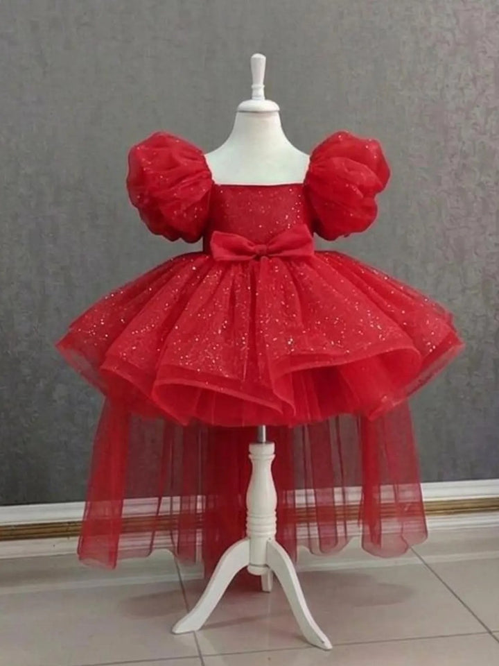 TinyTulle Pink Puff Sleeve Tulle Flower Girl Dress with Detachable Train and Bow