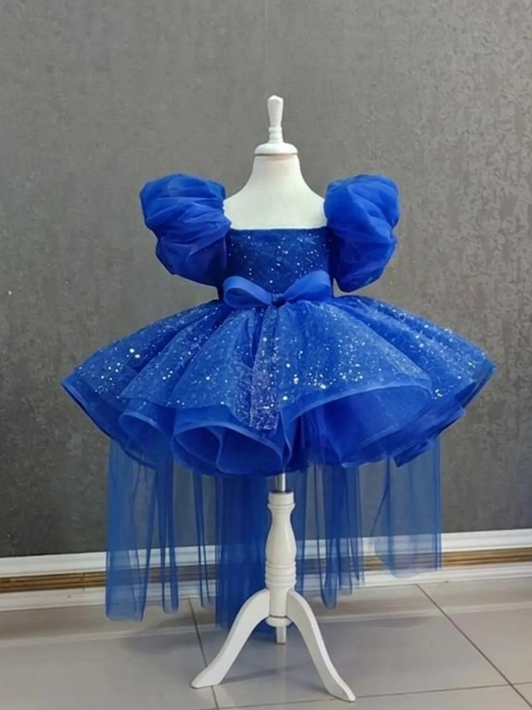 TinyTulle Pink Puff Sleeve Tulle Flower Girl Dress with Detachable Train and Bow