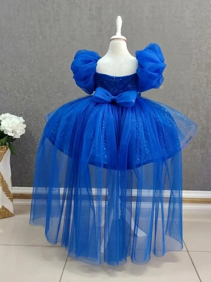 TinyTulle Pink Puff Sleeve Tulle Flower Girl Dress with Detachable Train and Bow