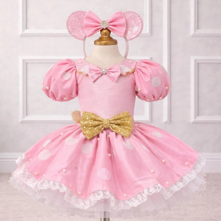 TinyTulle Elegant Pink Sequin Birthday Dress for Girls with Gold Sequin Bow