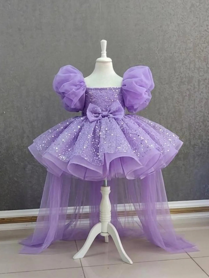TinyTulle Pink Puff Sleeve Tulle Flower Girl Dress with Detachable Train and Bow