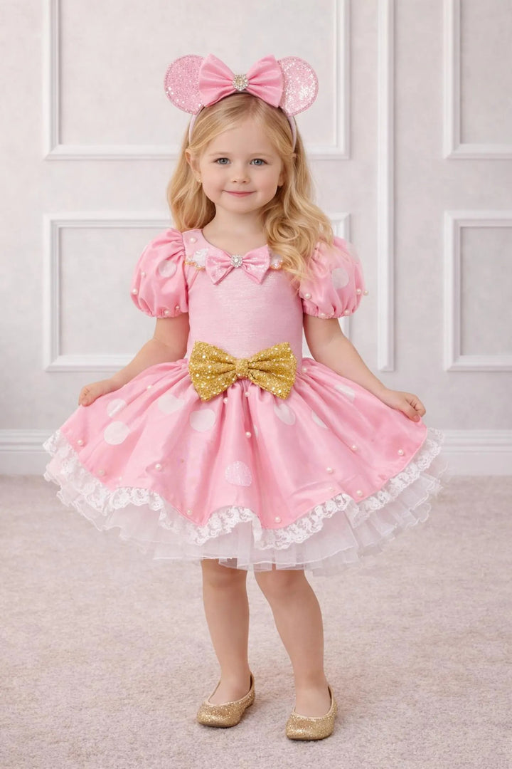 TinyTulle Elegant Pink Sequin Birthday Dress for Girls with Gold Sequin Bow