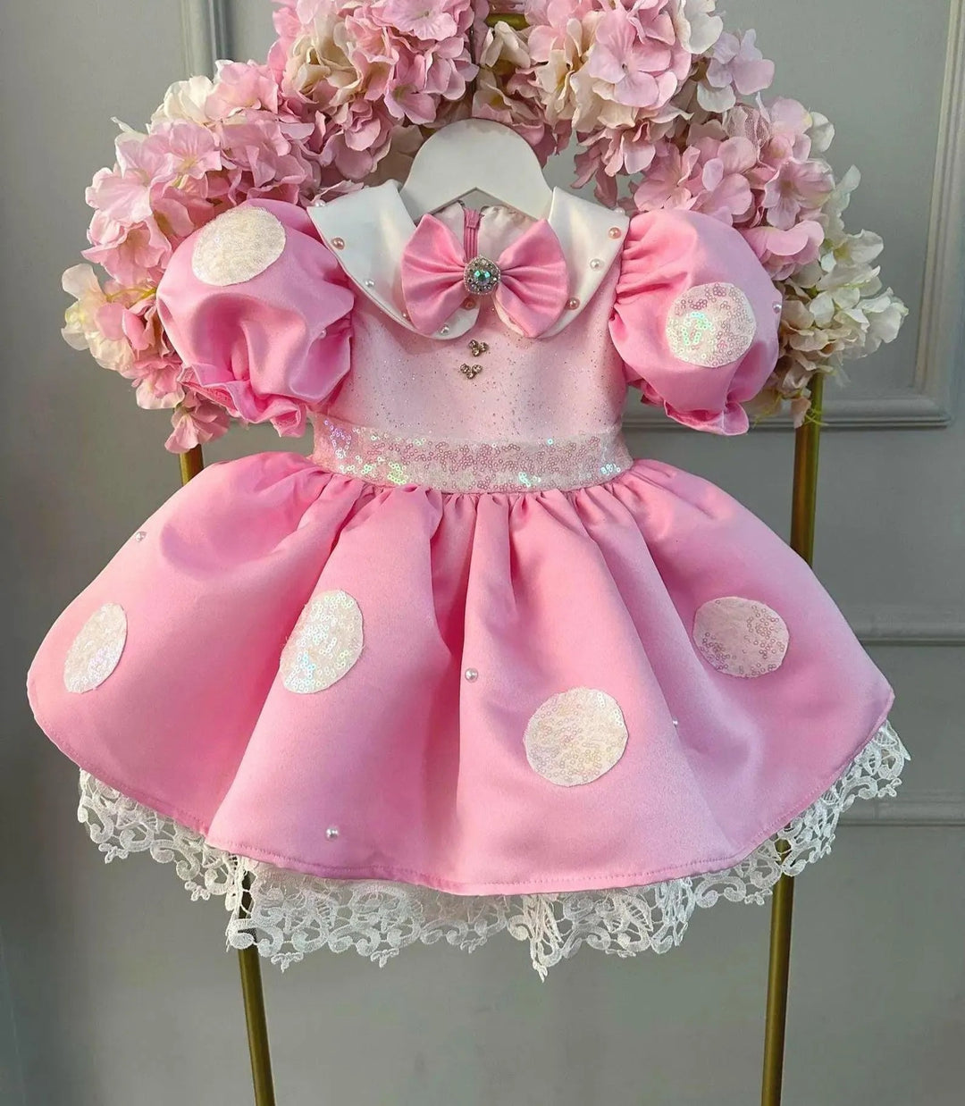 TinyTulle Sparkling Pink Flower Girl Dress with Peter Pan Collar and White Satin Bow