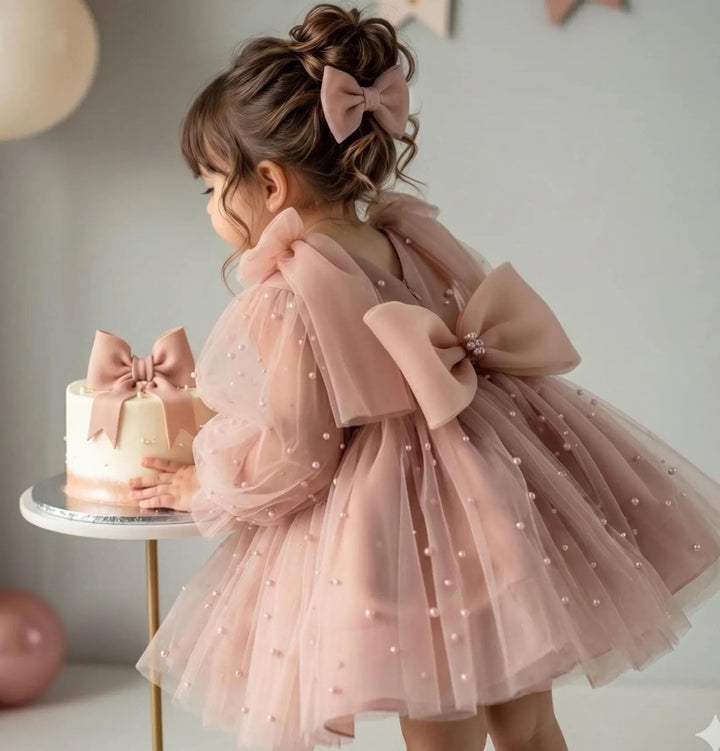 TinyTulle Dusty Pink Tulle and Satin Baby Girl Birthday Dress with Oversized Bow