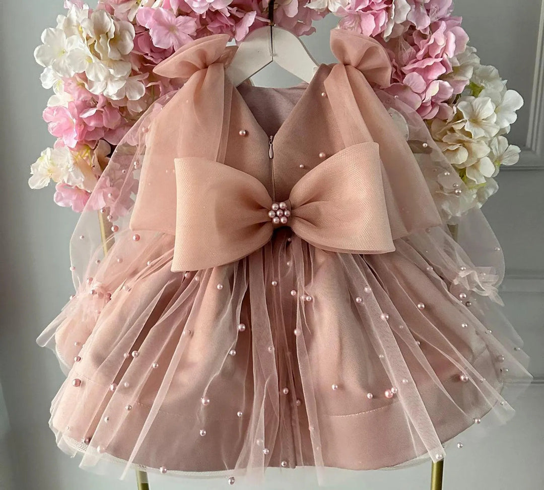 TinyTulle Dusty Pink Tulle and Satin Baby Girl Birthday Dress with Oversized Bow