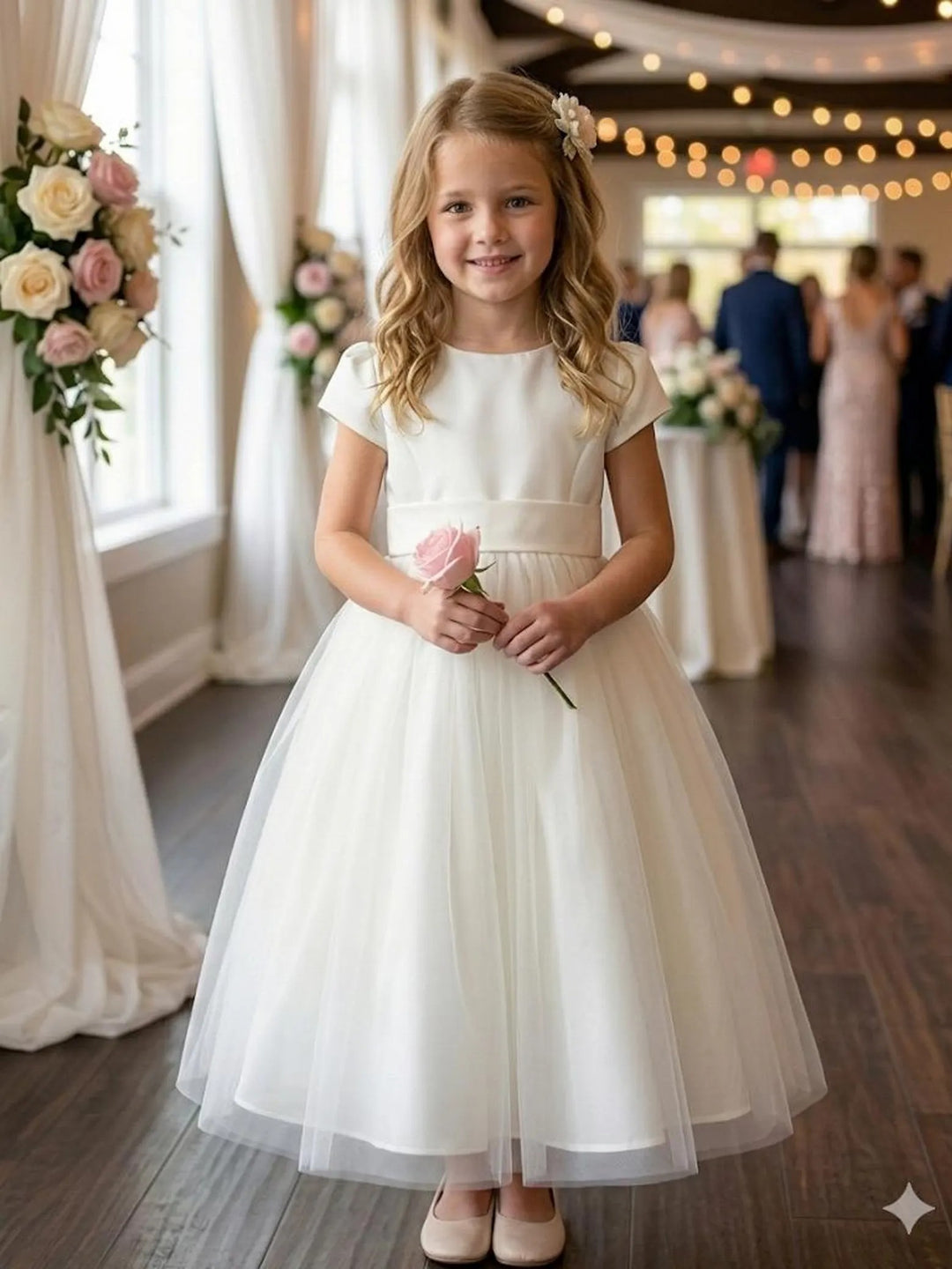 TinyTulle Elegant Ivory Tulle Short Sleeve Tea Length Flower Girl Dress