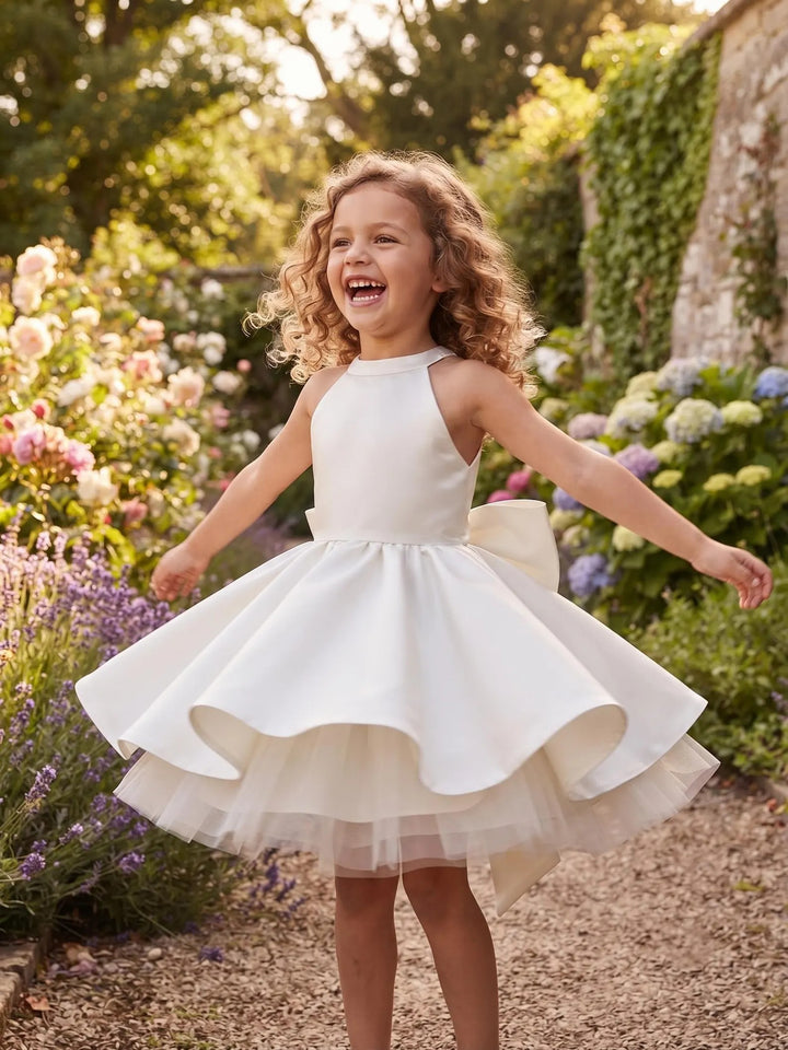 TinyTulle Elegant White Satin Halter Flower Girl Dress with Bow Back for Wedding