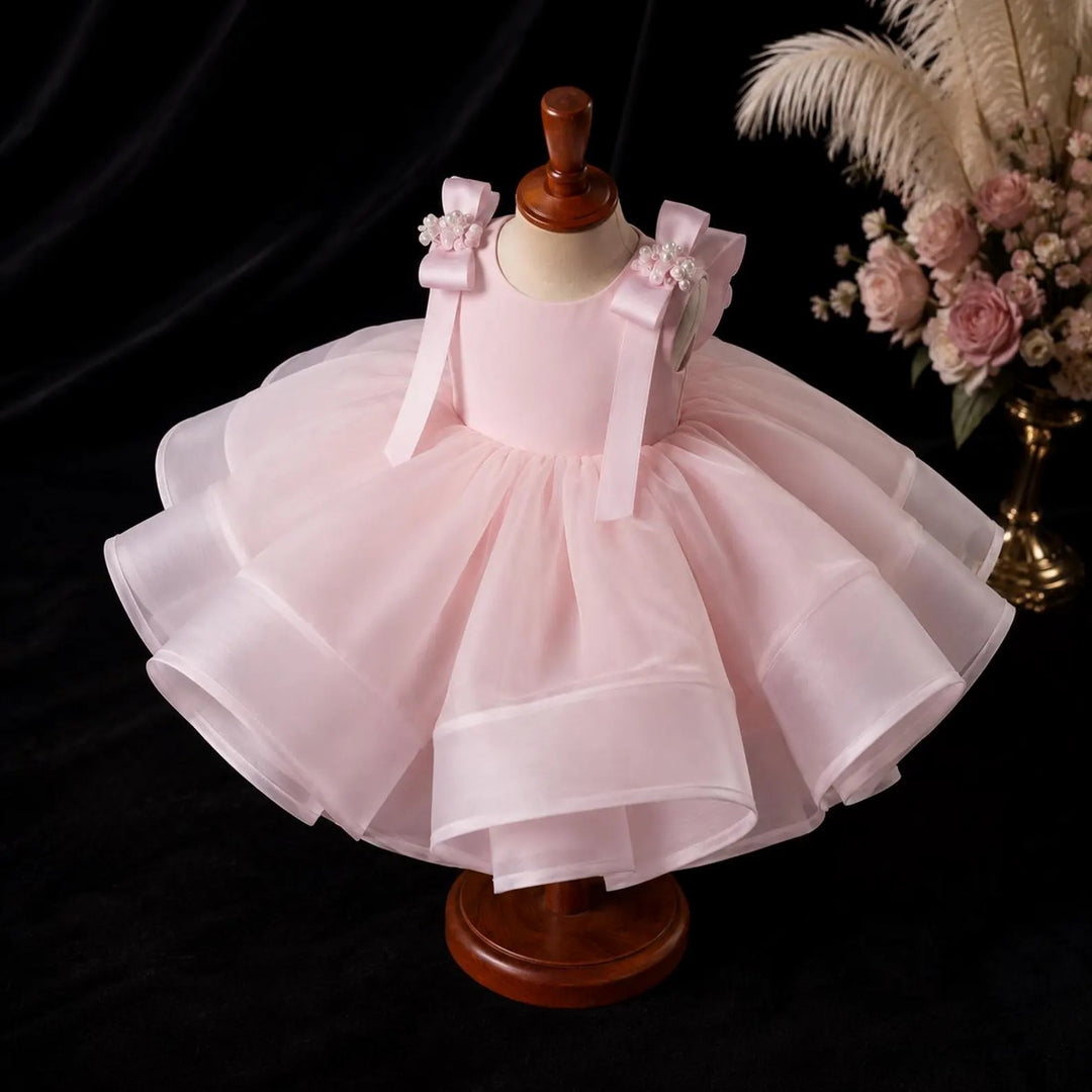 TinyTulle Elegant Pink Organza Ball Gown Flower Girl Dress with  Bow Details