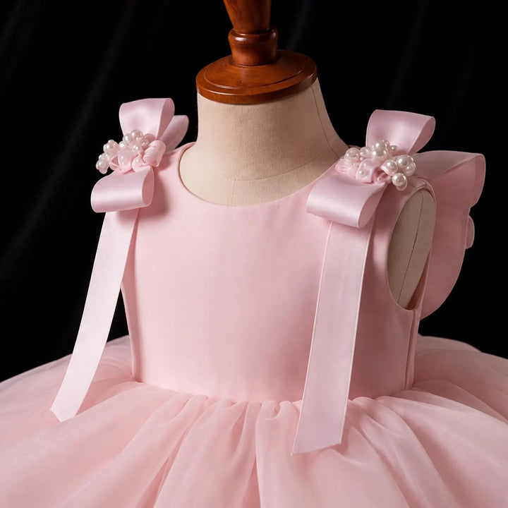 TinyTulle Elegant Pink Organza Ball Gown Flower Girl Dress with  Bow Details